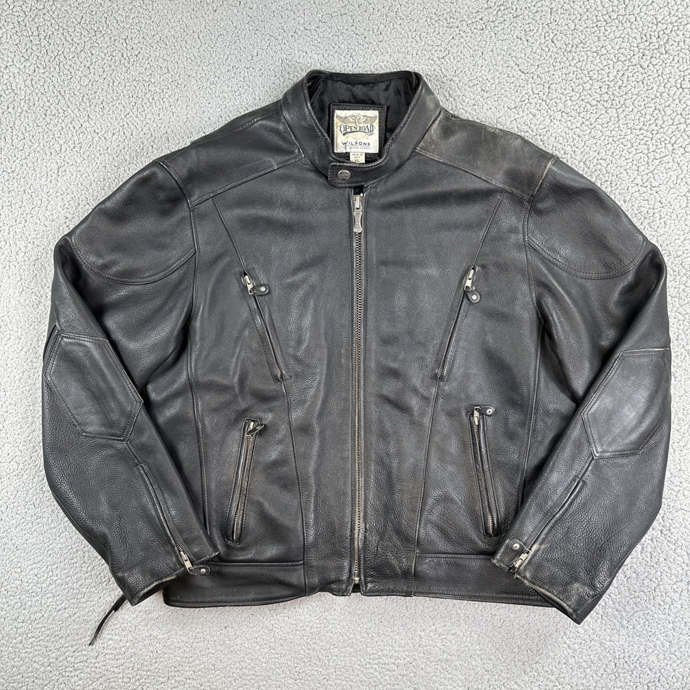 VTG Wilsons Open Road Leather Motorcycle Jacket Men XL Black Side Lace Full Zip